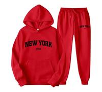 2025 Set di felpe con cappuccio da jogging con stampa a lettere per coppie, unisex, tema york, abbigliamento casual, comoda ed elegante tuta con felpa gatto, Colore: rosso, S