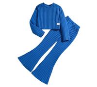 2025 - Set di pantaloni a zampa da ragazza, a maniche lunghe, in tinta unita, casual, a maglia, in due pezzi, con fascia elastica in vita, per il tempo libero, per 7-12 anni, #Blu, 9-10 Jahre