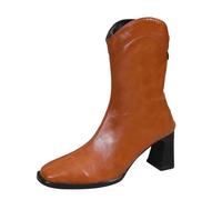 2025 Stivali da cowboy occidentali con tacco e quadrato, Stivali da donna dall'Europa e dagli Stati Uniti con scollo a V e cerniera sul retro, scarpe medie alte Adatto per solette da donna, marrone