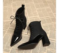 2025 Stivali eleganti di alta qualità e molto richiesti, nuovi per l'autunno, con lacci e blocchi di colore nero, tacco largo e alto, punta affusolata, stivaletti alla caviglia versatili e di moda per