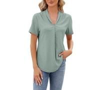 2025 T-shirt da donna in cotone e lino, tinta unita, con scollo a V, maniche corte, casual, vestibilità larga, camicette da donna, 1d-verde menta, M