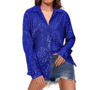 2025 Top Paillettes Donna Sera Camicia Donna Chic Ed Elegante Camicetta Brillanti Camicette Risvolto Alto Manica Lunga Top Casual Abbigliamento Tinta unita Camicia Personalizzata Loungewear, blu, XXL