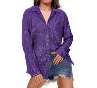 2025 Top Paillettes Donna Sera Camicia Donna Chic Ed Elegante Camicetta Brillanti Camicette Risvolto Alto Manica Lunga Top Casual Abbigliamento Tinta unita Camicia Personalizzata Loungewear, blu scuro