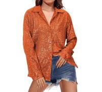 2025 Top Paillettes Donna Sera Camicia Donna Chic Ed Elegante Camicetta Brillanti Camicette Risvolto Alto Manica Lunga Top Casual Abbigliamento Tinta unita Camicia Personalizzata Loungewear, arancione