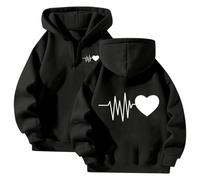 2025 - Tuta da donna in 2 pezzi, con stampa a cuore, felpe con cappuccio e pantaloni da jogging con coulisse, taglia S, felpa con cappuccio, Nero , XL