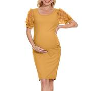 2025 Vestiti di maternità Fornitore di vestiti per l'allattamento al seno Vestito da maternità Abito da donna in rete a maniche corte Trailing Photoshoot Dress, Giallo, XL