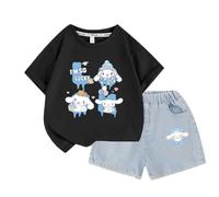 2025 Vestito a Maniche Corte per Ragazze di Nuova Moda, Pantaloncini di Jeans per Bambini Medi e Grandi Vestito Estivo a Due Pezzi,Nero,100cm