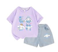 2025 Vestito a Maniche Corte per Ragazze di Nuova Moda, Pantaloncini di Jeans per Bambini Medi e Grandi Vestito Estivo a Due Pezzi,Viola,100cm