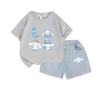 2025 Vestito a Maniche Corte per Ragazze di Nuova Moda, Pantaloncini di Jeans per Bambini Medi e Grandi Vestito Estivo a Due Pezzi,Grigio,100cm