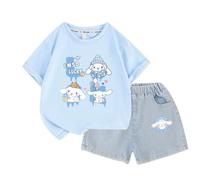 2025 Vestito a Maniche Corte per Ragazze di Nuova Moda, Pantaloncini di Jeans per Bambini Medi e Grandi Vestito Estivo a Due Pezzi,Blu,100cm