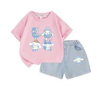 2025 Vestito a Maniche Corte per Ragazze di Nuova Moda, Pantaloncini di Jeans per Bambini Medi e Grandi Vestito Estivo a Due Pezzi,Rosa,100cm