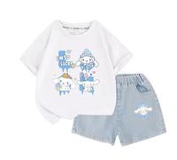2025 Vestito a Maniche Corte per Ragazze di Nuova Moda, Pantaloncini di Jeans per Bambini Medi e Grandi Vestito Estivo a Due Pezzi,Bianca,100cm
