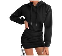 2025-Vestito a Portafoglio Donna Manica Lunga- Vestito Sexy Pieghettato con Coulisse Con Cappuccio Casual Chic Ed Elegante Tinta unita Versatile Temperamento Streetwear Pullover Dress Autunno, Nero