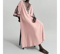 2025 Vestito lungo estivo da donna, colore unito, alla moda, adatto per l'estate. Vestito lungo in stile bohémien, colore avena, morbido e comodo, con maniche a sbuffo, scollo a V, adatto per feste, v