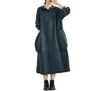 2025 Vestito Midi Oversize con Cappuccio Casual A Maniche Dress Lunghe in Denim Lavato da Donna vestibilità Ampia, con Grandi Tasche(M)