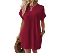 2025 Women's Casual Short Sleeve T Shirt Dress Basic Dresses with Pockets, Women's Summer Crew Neck Baggy House Dress (Burgundy,XL)