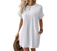 2025 Women's Casual Short Sleeve T Shirt Dress Basic Dresses with Pockets, Women's Summer Crew Neck Baggy House Dress (White,M)