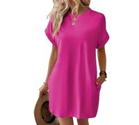 2025 Women's Casual Short Sleeve T Shirt Dress Basic Dresses with Pockets, Women's Summer Crew Neck Baggy House Dress (Rose Red,M)