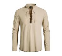 2026-2025 Camicia da uomo a maniche lunghe hippie camicia da spiaggia con colletto alto, misto lino, camicia per il tempo libero, per l'estate e lo stile boho, taglie forti, top da uomo, beige., S