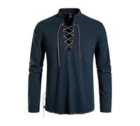 2026-2025 Camicia da uomo a maniche lunghe hippie camicia da spiaggia con colletto alto, misto lino, camicia per il tempo libero, per l'estate e lo stile boho, taglie forti, top da uomo, Blu marino