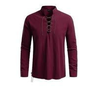 2026-2025 Camicia da uomo a maniche lunghe hippie camicia da spiaggia con colletto alto, misto lino, camicia per il tempo libero, per l'estate e lo stile boho, taglie forti, top da uomo, Vino, S