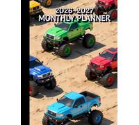 2026-2027 Monthly Planner Monster Trucks Cover: Pages include: yearly overview, goals, contacts, passwords, notes, birthdays, holidays