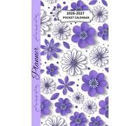 2026-2027 Pocket Calendar Planner 3D Purple Flowers: Two-page monthly spread, notes, contacts, holidays, birthdays