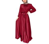 2026 Abiti Dimagranti Abito Casual Donna Solido Manica Musulmana Abaya Elegante Araba Caftano Lungo, Rosso, M