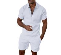 2026 Abito a righe casual maschile a due pezzi con cerniera e maniche corte, top, camicetta, abito con coulisse e tasca, set corto cappotto Western Men, bianco, 6XL