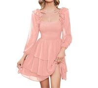 2026 - Abito casual alla moda da donna con volant, colletto quadrato e maniche a sbuffo Bellissimi prendisole per bambini, Colore: rosa., M