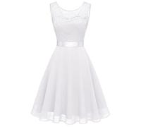 2026 - Abito da damigella d'onore corto in pizzo floreale femminile al ginocchio Abito da festa swing abito nero lungo al ginocchio Elegante glitter, bianco, L