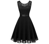 2026 - Abito da damigella d'onore corto in pizzo floreale femminile al ginocchio Abito da festa swing abito nero lungo al ginocchio Elegante glitter, Nero , XXL