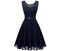 2026 - Abito da damigella d'onore corto in pizzo floreale femminile al ginocchio Abito da festa swing abito nero lungo al ginocchio Elegante glitter, Blu, S