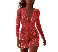 2026 Abito da promenade Donne Sexy Deep V Vedere Attraverso Oro Coperto Glutea Manica Lunga Sera, Rosso, L