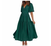 2026 - Abito estivo da donna, a maniche corte, con scollo a V, casual, fluente, maxi abito da spiaggia, verde, XL