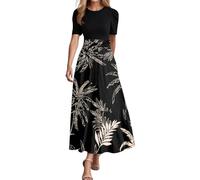 2026 Abito estivo da donna Abiti lunghi floreali per le donne 2025 Elegante abito bohémien patchwork con cintura Vita Impero, maniche corte, Nero , L