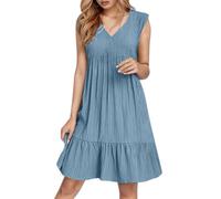 2026 Abito estivo da donna Senza maniche con scollo a V Mini abito Moda Casual Fluente Boho Increspature A-Line Swing 2025 Abito lungo al ginocchio Manica, Azzurro, XL