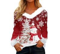 2026 Accogliente maglietta con colletto accennato e motivo natalizio festoso: comoda e morbida maglietta a maniche lunghe dalla vestibilità ampia., Colore: rosso, 3XL