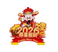 2026 Anno di cavallo Caishen Dio della ricchezza in legno testa rotante | Capodanno cinese da tavolo ornamento fortunato; figurina rossa e oro; decorazione di prosperità festival di primavera