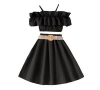 2026 - Bambino Ragazza Estate Manica Tinta Unita Increspature Top Gonna Con Cintura 3PCS Abiti Set di Vestiti Per Bambini Vestiti Per Le Ragazze, Nero , 7-8 Anni