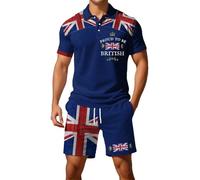 2026 - Bandiera britannica europea, camicia a maniche corte con bottoni, pantaloncini da uomo, casual, casual, comodo, per strada, affari, gilet agente in due pezzi, Blu, 3XL
