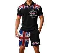 2026 - Bandiera britannica europea, camicia a maniche corte con bottoni, pantaloncini da uomo, casual, casual, comodo, per strada, affari, gilet agente in due pezzi, Nero , XXL