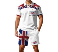 2026 - Bandiera britannica europea, camicia a maniche corte con bottoni, pantaloncini da uomo, casual, casual, comodo, per strada, affari, gilet agente in due pezzi, bianco, M