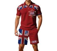 2026 - Bandiera britannica europea, camicia a maniche corte con bottoni, pantaloncini da uomo, casual, casual, comodo, per strada, affari, gilet agente in due pezzi, Colore: rosso, S