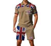 2026 - Bandiera britannica europea, camicia a maniche corte con bottoni, pantaloncini da uomo, casual, casual, comodo, per strada, affari, gilet agente in due pezzi, cachi, M