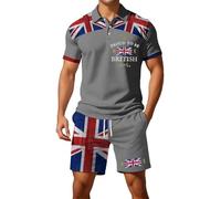 2026 - Bandiera britannica europea, camicia a maniche corte con bottoni, pantaloncini da uomo, casual, casual, comodo, per strada, affari, gilet agente in due pezzi, grigio., 3XL