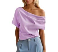 2026-Basic T-Shirt Spalla Senza Volant Manica Corta Camicetta Top Per La Vita Di Tutti I Giorni Vacanze Vestito Versatile Tutto L'Anno Comodo, Lilla, XL