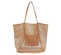 2026 Borsa da spiaggia da donna in rete per nuoto, viaggi, vacanze, borsa a tracolla leggera pieghevole con protezione dalla sabbia (Brown, taglia unica)