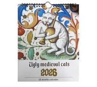 2026 Calendario Ugly Medieval Cats, 28X21CM Calendario da Parete Gatti Medievali Strani e Divertenti, Calendari Gatti Medievali Strani, Calendari da Parete Gattis Medievalis Brutti Cartoni Animati