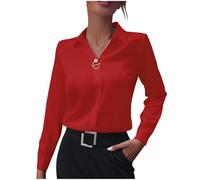 2026 Camicette da donna in raso imitazione seta manica lunga camicia a maniche lunghe europea ed estero frontiera abbigliamento facile da stirare Camicia da lavoro, Colore: rosso, M